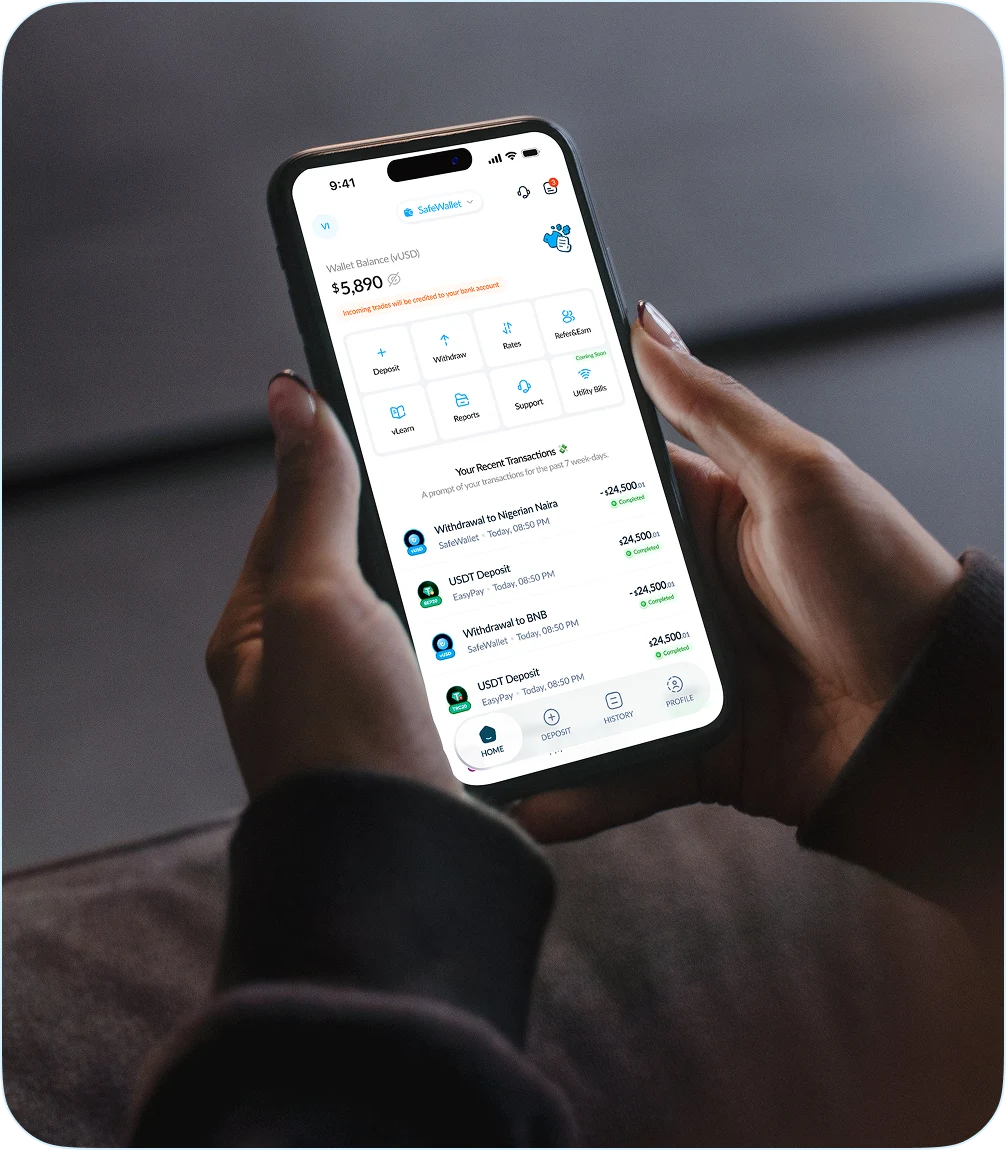 SafeWallet app shown on a phone held in both hands