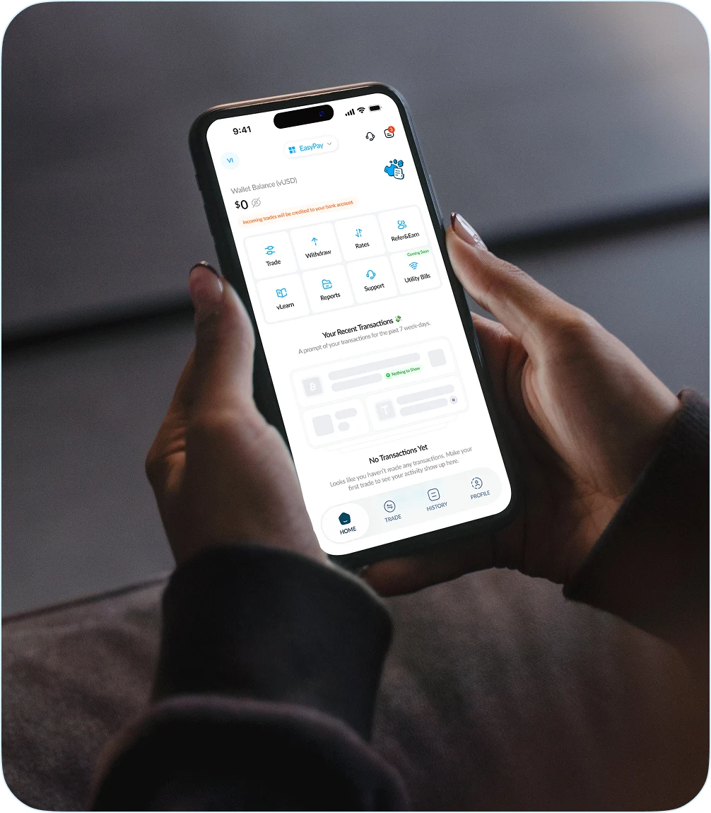 SafeWallet app shown on a phone held in both hands